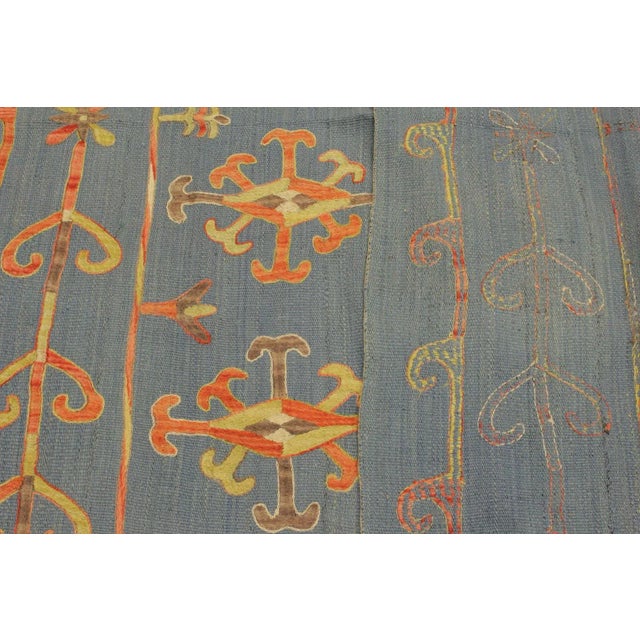 Textile 1990s Shabby Chic Embroidered Ikat Kilim Blue Wool Rug- 5′11″ × 8′ For Sale - Image 7 of 8