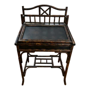 1970s Vintage Rattan/Bamboo Flip Top Desk With Rustic Burnt Finish
