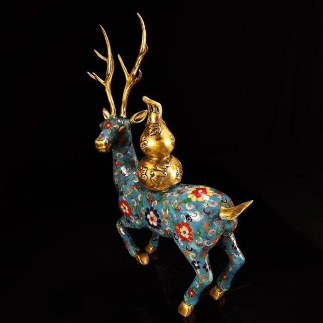 Asian Vintage Cloisonne Enamel Deer With Gourd – 15" Gilt Auspicious Figure For Sale - Image 3 of 10