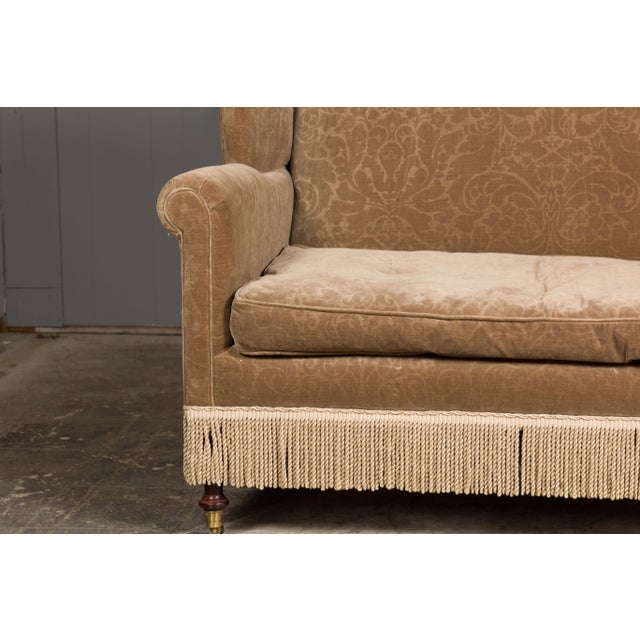 Metal Vintage English Upholstered Loveseat with Out-Scrolling Arms and Casters For Sale - Image 7 of 12