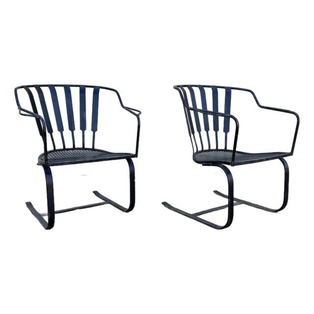 Pair of Vintage Mid-Century Modern Wrought Iron Patio Bouncer Lounge Chairs | Russell Woodard Style For Sale