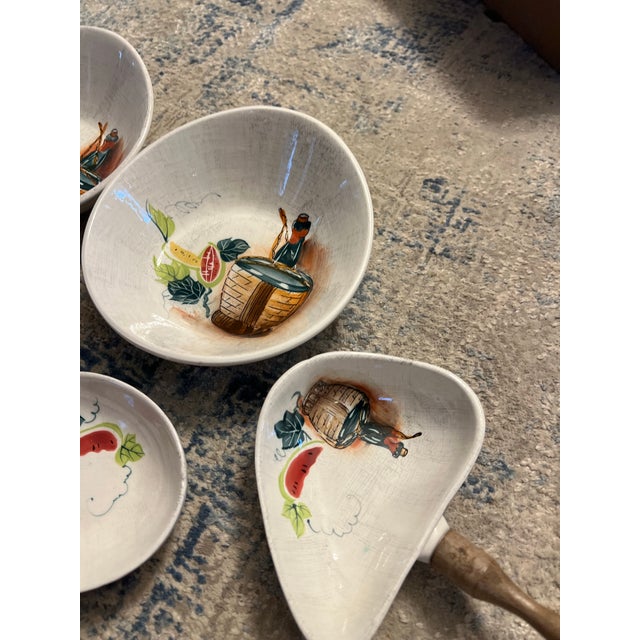 White Porcelain Skillet, Dipping Dish, Vintage Appetizer Set With Wooden Handles- Set of 6 For Sale - Image 8 of 9