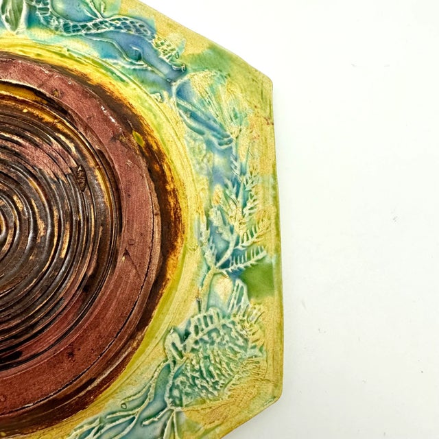 Blue Early 21st Century Studio Pottery Sage Leaves Hexagon Majolica Decorative Plate in Green & Blue For Sale - Image 8 of 8