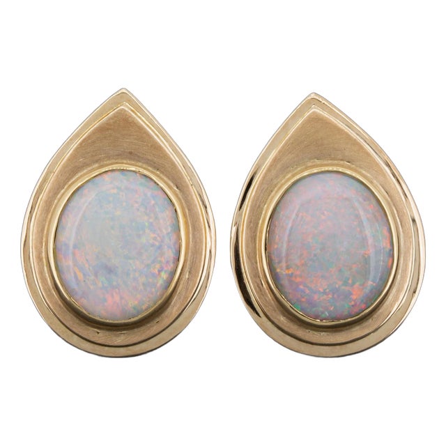 1960s Mid Century Vintage Australian Opal Stud Earrings 14k Gold, A Pair For Sale