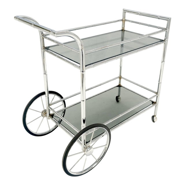 Italian Chrome Faux Bamboo Smoked Glass Two Tiers Serving Cart Bar Table MINT For Sale