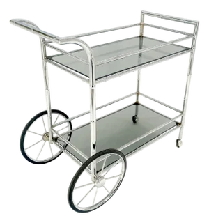 Italian Chrome Faux Bamboo Smoked Glass Two Tiers Serving Cart Bar Table MINT