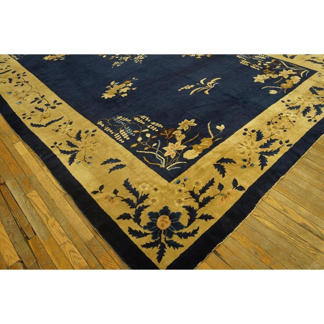 1920s 1920s Navy Blue Minimalist Floral Antique Chinese Peking Wool Rug 9' 2" X 14' 1" For Sale - Image 5 of 9