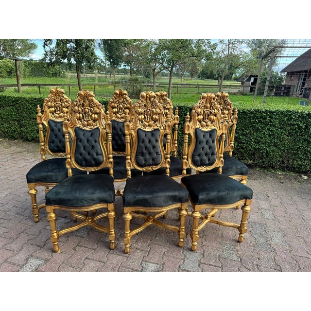 Rococo 1900 Italian Rococo Gilded Beech Black Velvet Chairs – Set of 8pcs For Sale - Image 3 of 18