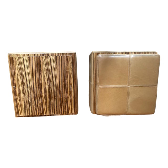 Pair of Custom Leather & Custom-Made Modern Leather & Zebrawood Storage Ottomans — In the Style of Berman Rosetti For Sale