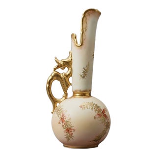 Antique m.e.v. Limoges Blush Ivory Dragon Ewer – French Porcelain, C. 1891–1910 For Sale