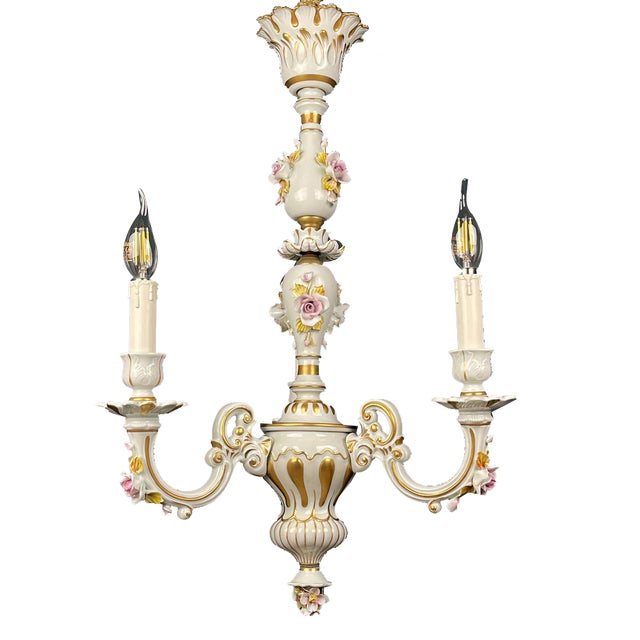 Vintage Capodimonte Porcelain 3-Arm Chandelier, Italy, 1940s For Sale