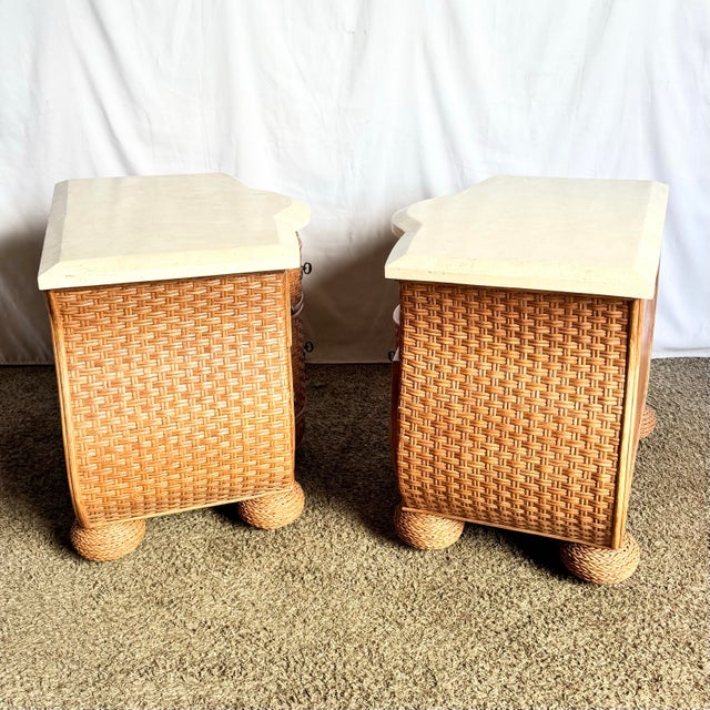 Vintage Boho Chic Tessellated Stone Top Wicker Nightstands by Whitecraft, 2 Pieces For Sale In Miami - Image 6 of 9