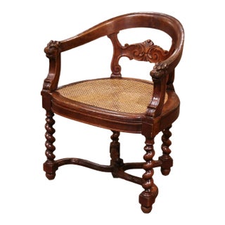 19th Century French Louis XIII Carved Oak Barley Twist and Caning Desk Armchair For Sale
