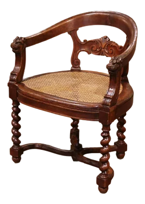 19th Century French Louis XIII Carved Oak Barley Twist and Caning Desk Armchair