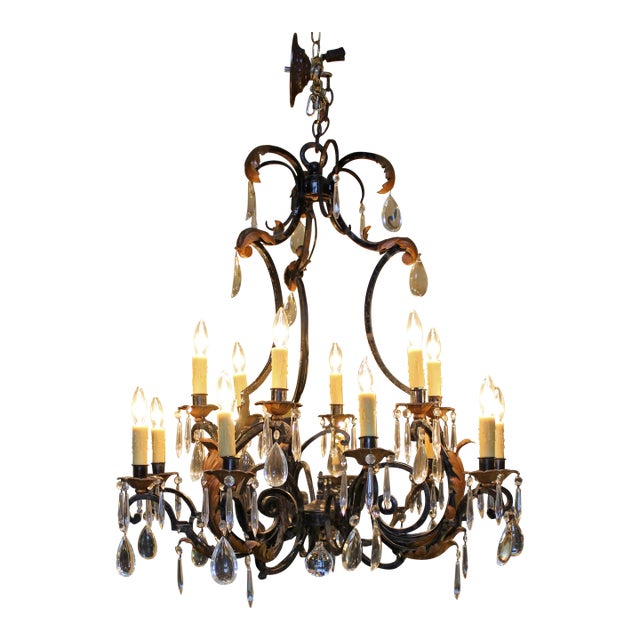 Late 19th Century French Iron & Crystal 15-Light Chandelier For Sale