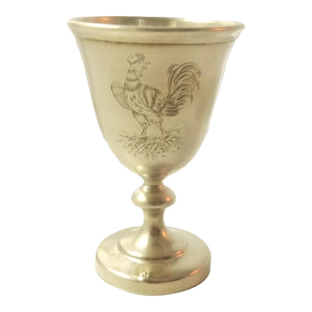 French Sterling Silver Egg Cup Circa 1900, Three Engraved Panels, Chicken on Nest, Rooster & Louis XVI Style Medallion For Sale