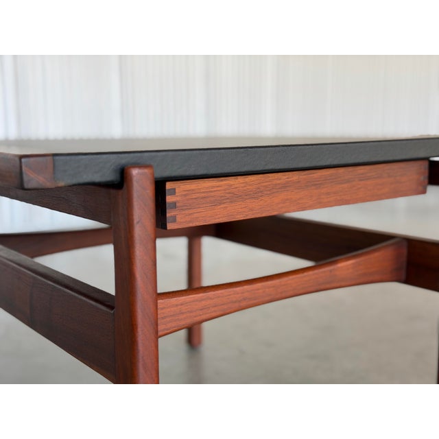 Mid-Century Modern 1960s Jens Risom Side Table - Leather + Walnut - Mid Century Modern End Table + Drawer For Sale - Image 3 of 8