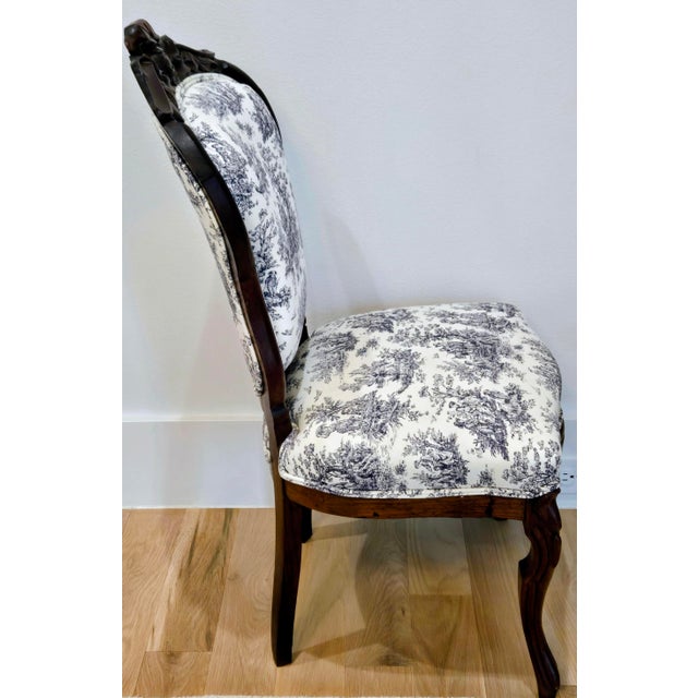 French Provincial Vintage French Country Carved Walnut Toile De Jouy Upholstered Accent Chair For Sale - Image 3 of 12