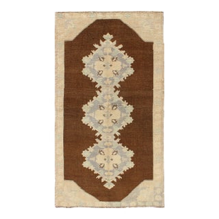 Vintage Turkish Hand Knotted Oushak Runner With Floral Medallions in Brown, Gray, Taupe For Sale