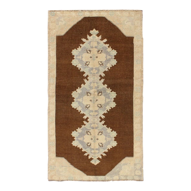 Vintage Turkish Hand Knotted Oushak Runner With Floral Medallions in Brown, Gray, Taupe For Sale