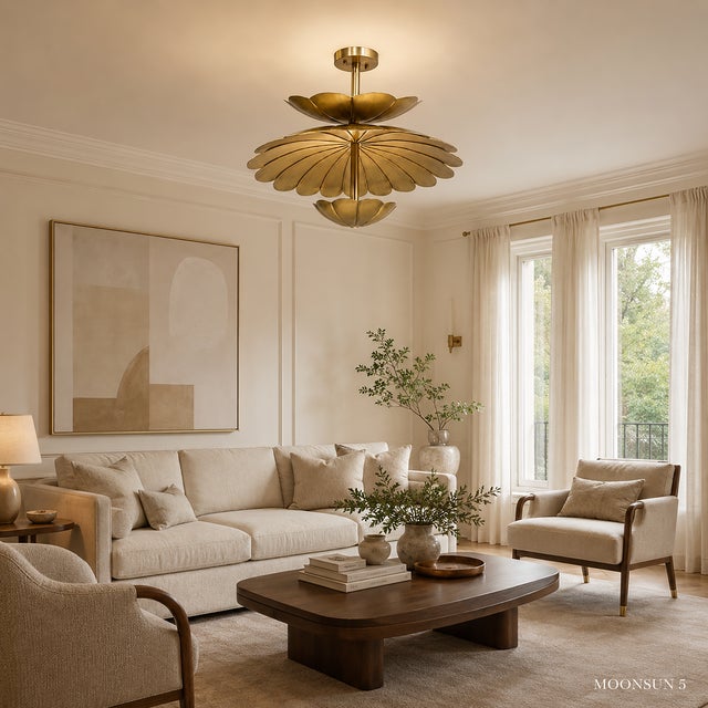 Metal Handmade Brass Lotus Flush Mount Ceiling Light, Antique Floral Fixture For Sale - Image 7 of 12