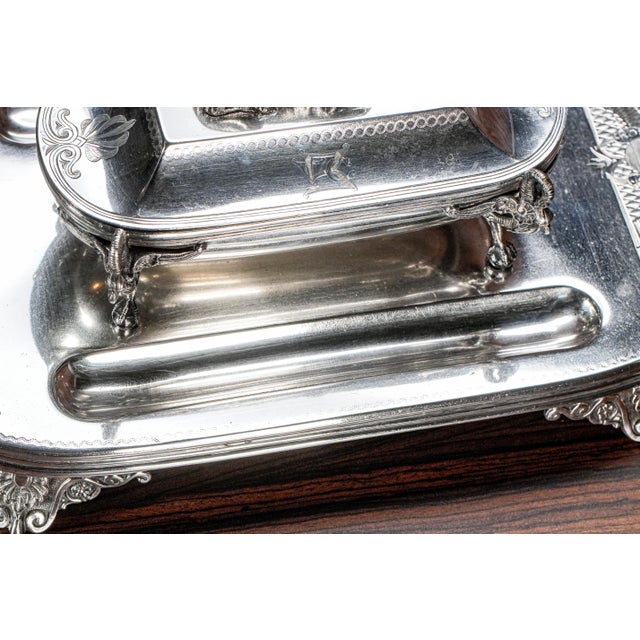 Egyptian Revival Antique Victorian Silverplate Double Inkwell Desk Inkstand Egypt Sphinx For Sale - Image 9 of 18