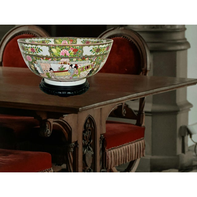 Large Old Rose Mandarin / Medallion Chinese Porcelain Export Punch Bowl, Wood Stand & Auspicious Objects & Gilt Work, Signed, 14" For Sale - Image 11 of 15