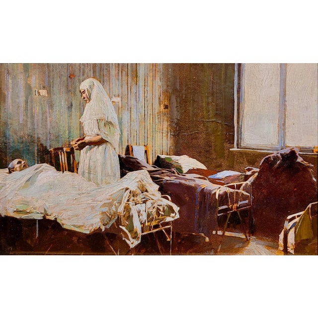 1910s Mikhail Guzhavin- Nurse Attending a Wounded Soldier in a Military Hospital-1910s Oil Painting For Sale - Image 5 of 9