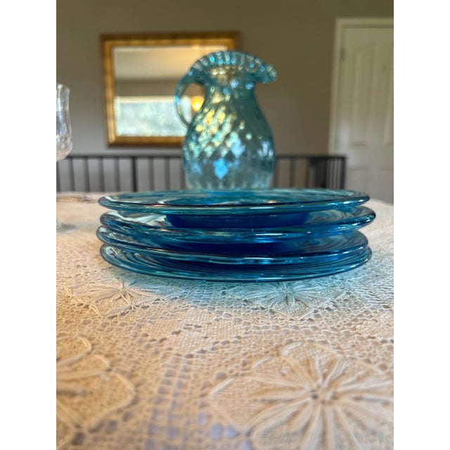 Set of 4 Hand Blown Aquamarine Salad or Dessert Plates French Glass Blower Made For Sale - Image 10 of 10