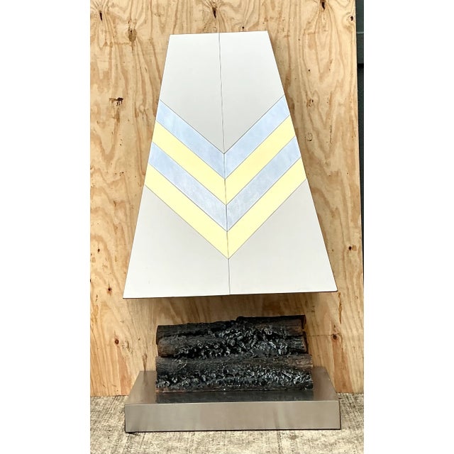 Mid-Century Modern Vintage Boho Chevron Brass and Chrome Faux Fireplace For Sale - Image 3 of 10