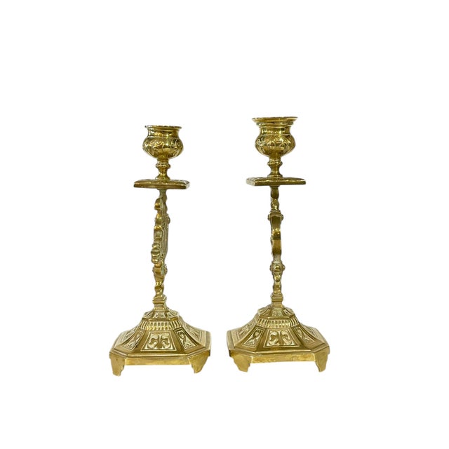 Gothic Pair Antique Late 19th Century French Brass Candlesticks With Curled Dragon For Sale - Image 3 of 17