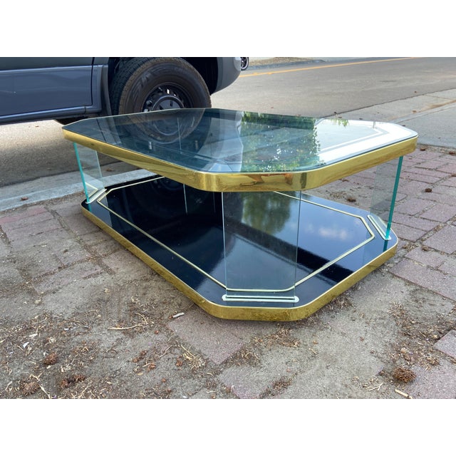 Glass Vintage Hollywood Regency Style Black Lacquer and Glass Floating Coffee Table With Patina For Sale - Image 7 of 18