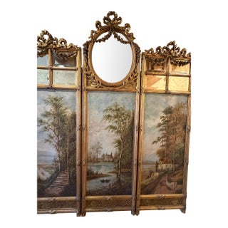 Antique French Giltwood Three-Panel Folding Screen With Hand-Painted Landscapes and Mirror, Circa 1900 For Sale