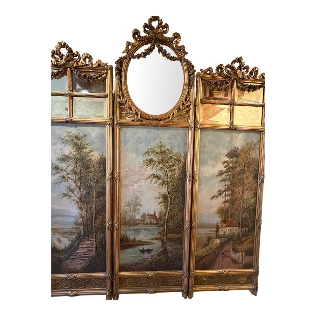 Antique French Giltwood Three-Panel Folding Screen With Hand-Painted Landscapes and Mirror, Circa 1900 For Sale