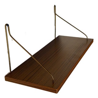 Vintage Teak Floating Wall Shelf With Brass-Tone Metal Brackets – Mid-Century Modern Scandinavian Wall-Mounted Shelf For Sale