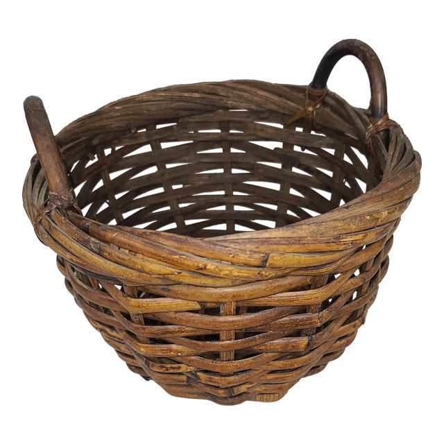 Vintage Rattan Basket Hand Made Split Cane Late 20th Century For Sale