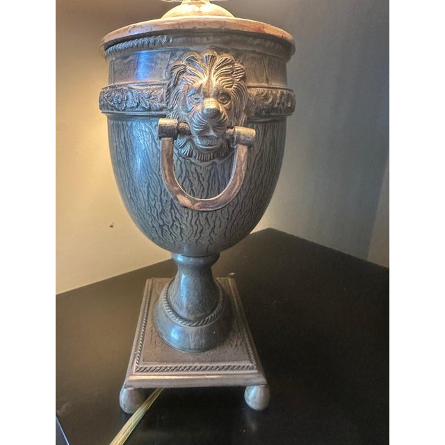 Vintage John Richard Neoclassical Lion Head Urn Lamp With Tassel Shade For Sale - Image 12 of 13