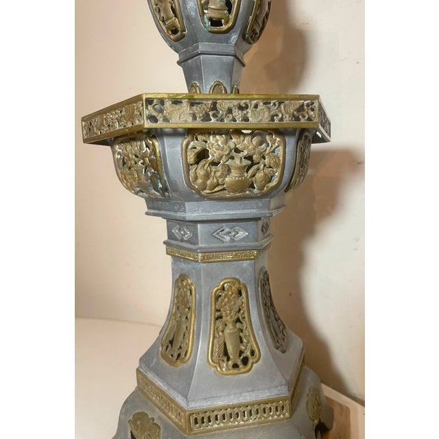 Chinese Large Antique Chinese Handmade Pewter Brass Pagoda Tower Electric Table Lamp For Sale - Image 3 of 13