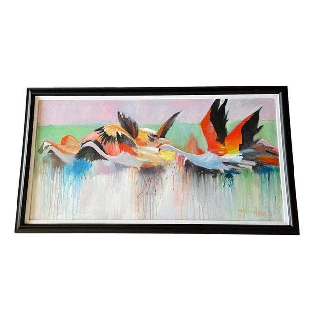 Contemporary “Flamingos in Flight” | Large Abstract Flamingo Painting by Michael Moulton, 44” W For Sale - Image 3 of 12