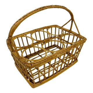 Vintage Woven Rattan Glass or Bottle Caddy For Sale