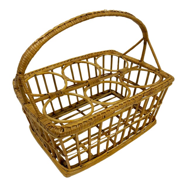 Vintage Woven Rattan Glass or Bottle Caddy For Sale