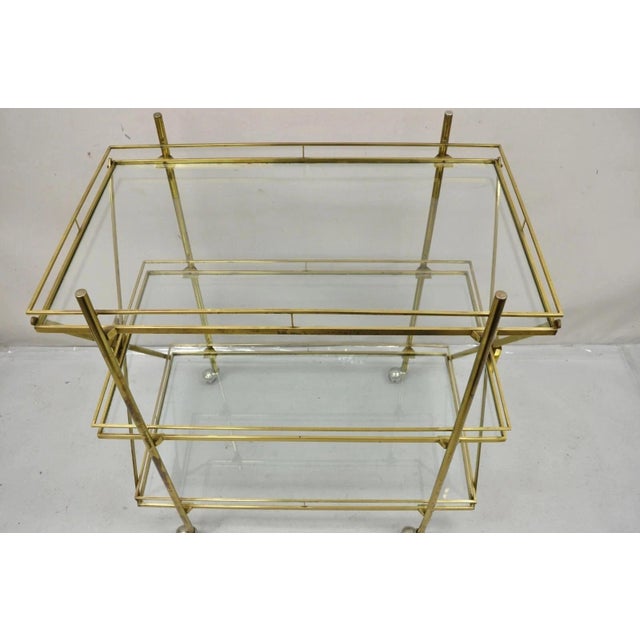 Mid Century Italian Modern 3 Tier Brass & Glass X-Frame Rolling Bar Cart Table For Sale In Philadelphia - Image 6 of 12