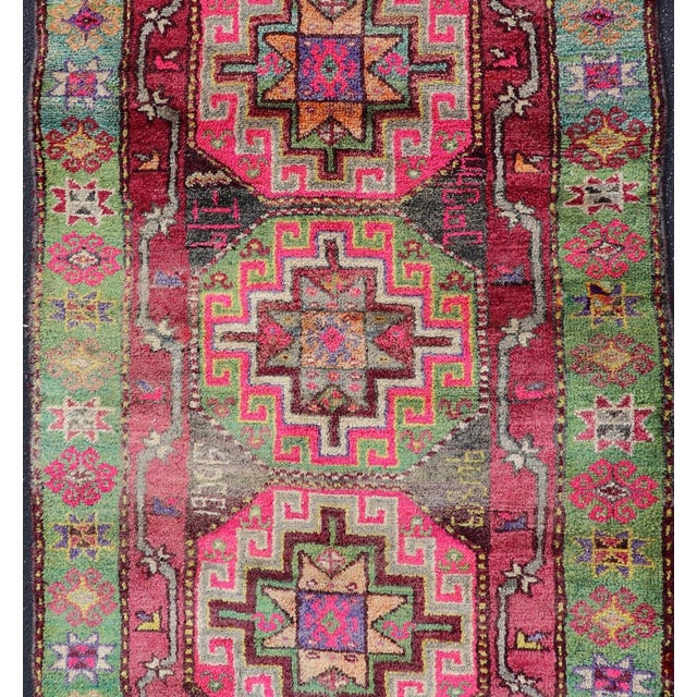 Vintage Caucasian Kazak Rug With Triple Medallions in Pink and Green 3'10 X 7'0 For Sale - Image 4 of 12
