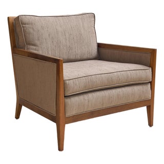 The Vintage Mid Century Walnut Lounge Chair in Textured Beige Upholstery For Sale