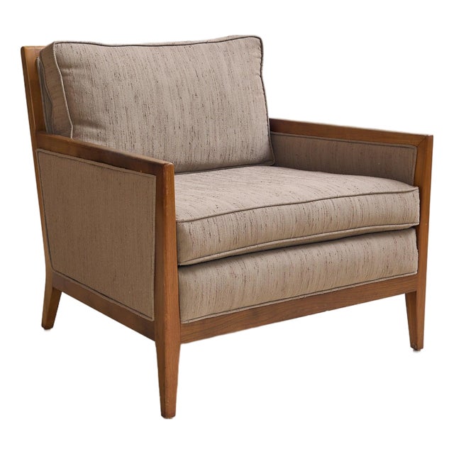 The Vintage Mid Century Walnut Lounge Chair in Textured Beige Upholstery For Sale