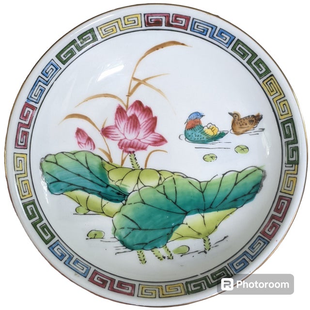 Vintage Chinese Porcelain Mini Bowl / Trinket Dish White with Lily Pad, Floral, and Bird Enamel Design Has Multicolor...