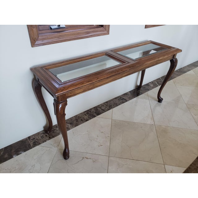 Vintage French carved side end table with glass top, in very good condition. Measure 48 long x 28 high x 14 inches wide