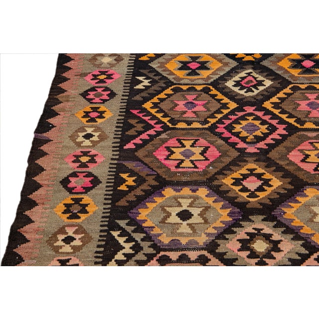 Vintage Kilim Brown Handmade Flatweave Geometric Motif Wool Runner For Sale - Image 10 of 11