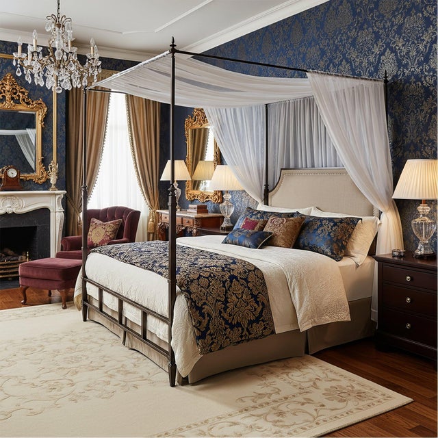 French Metal Canopy Bed, Queen Size, with a bronze finish metal canopy frame with a padded upholstered headboard in a...