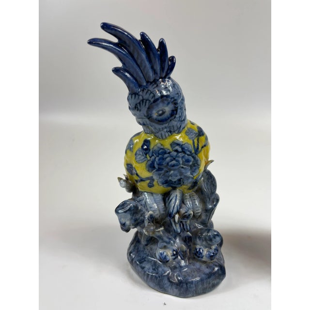 1990s Set of 2 Hand Painted Porcelain Chinoiserie Blue and Yellow Birds For Sale - Image 4 of 9